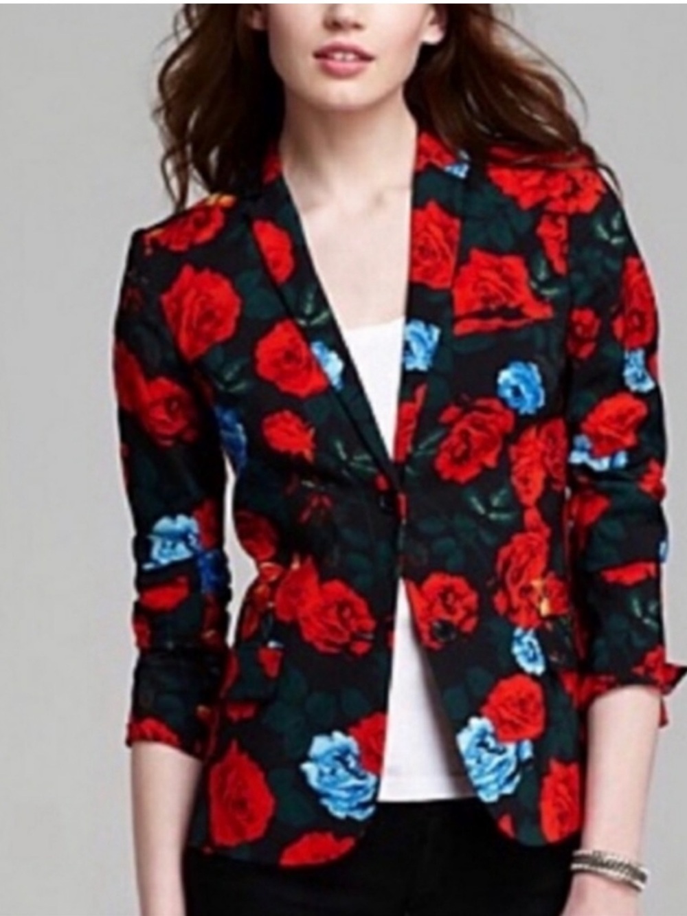 Vince Camuto Black Blazer with Red and Blue Rose Print